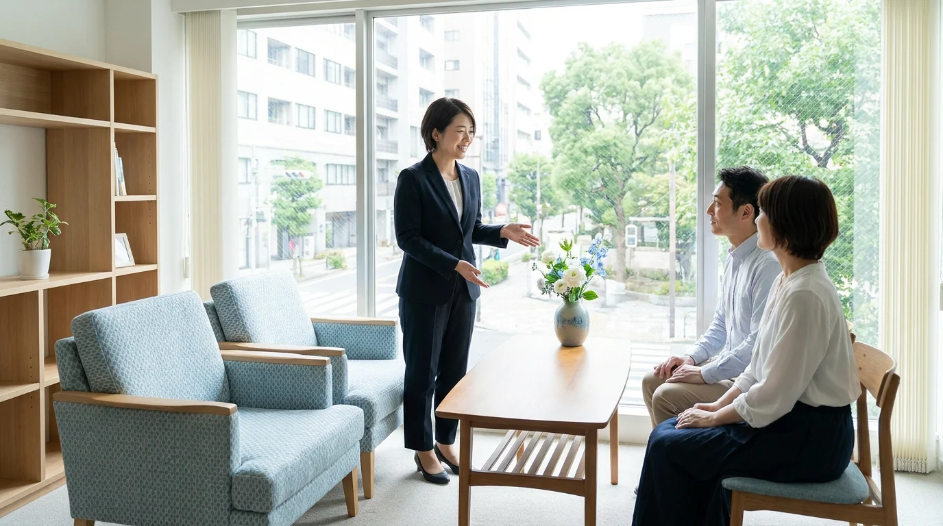 面談用のテーブルと椅子がある相談室の全景